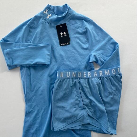Under Armour 2pc Long Sleeve Shorts Set Size Medium Carolina Blue Gym Sports - Picture 1 of 6